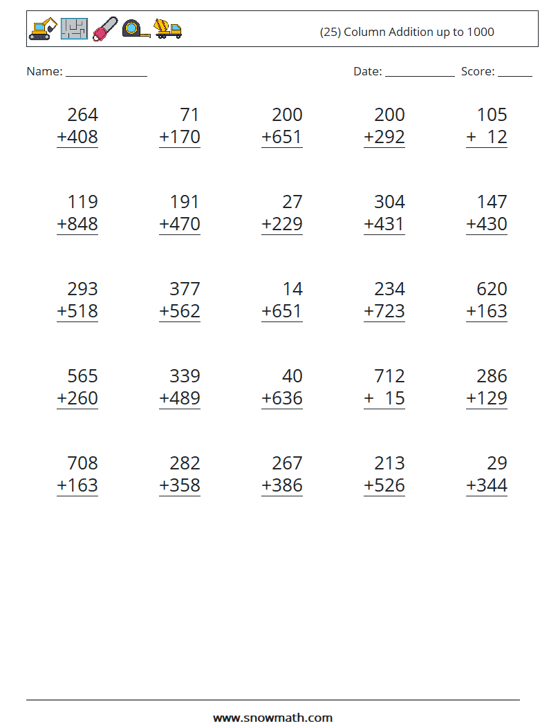 (25) Column Addition up to 1000 Math Worksheets 16