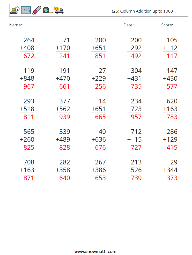 (25) Column Addition up to 1000 Math Worksheets 16 Question, Answer