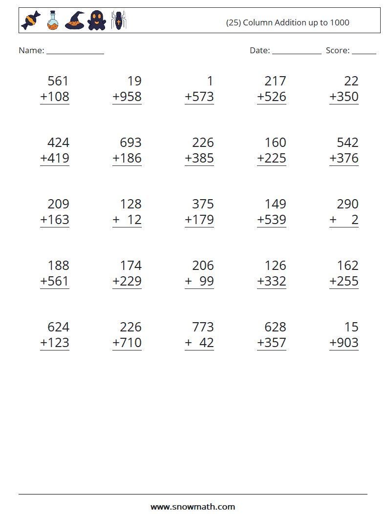 (25) Column Addition up to 1000 Math Worksheets 17