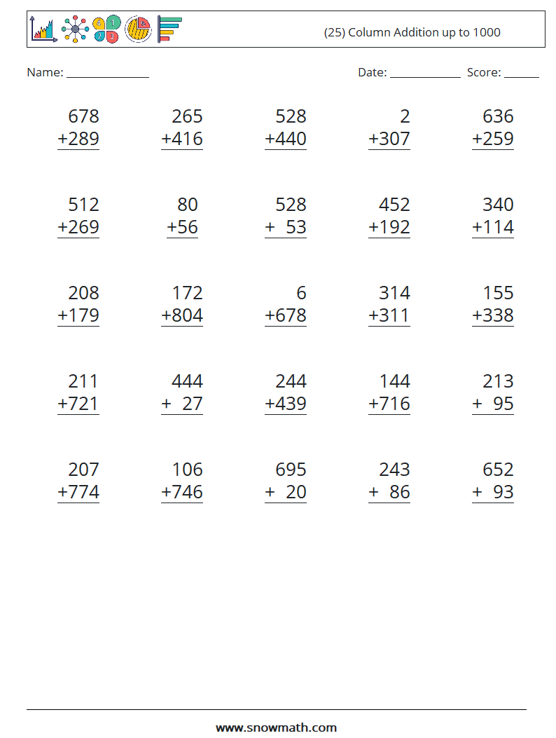 (25) Column Addition up to 1000 Math Worksheets 18