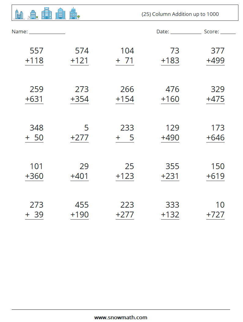 (25) Column Addition up to 1000 Math Worksheets 2