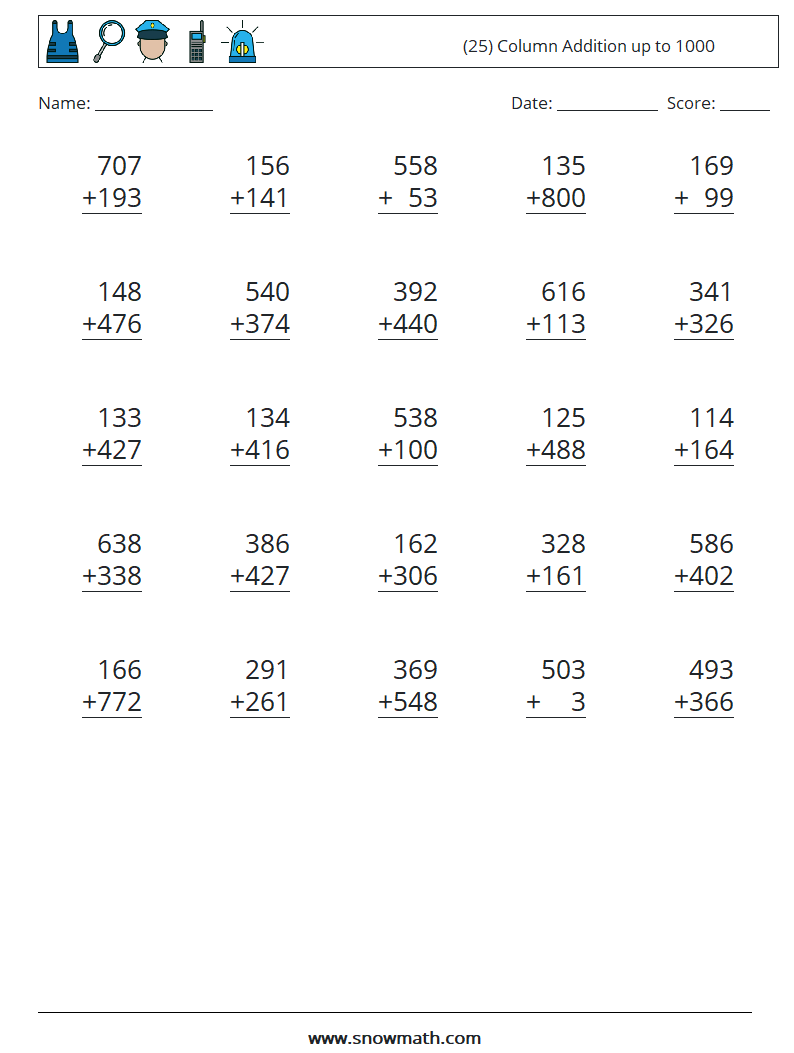 (25) Column Addition up to 1000 Math Worksheets 3