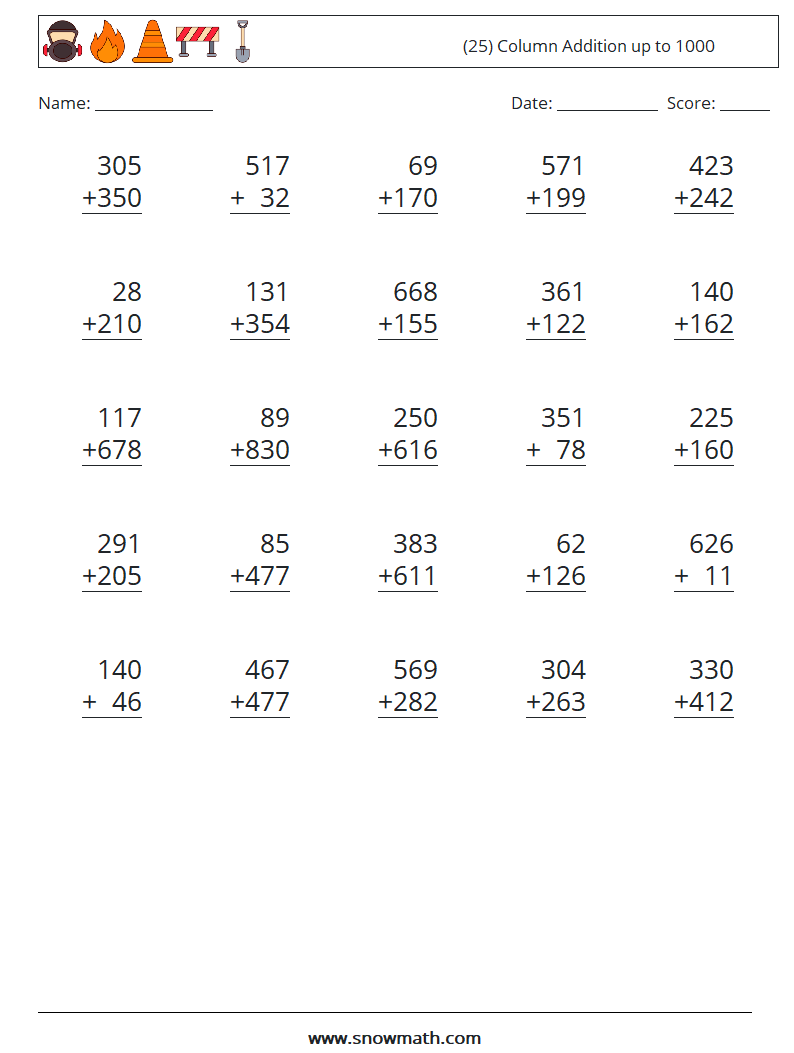 (25) Column Addition up to 1000 Math Worksheets 5