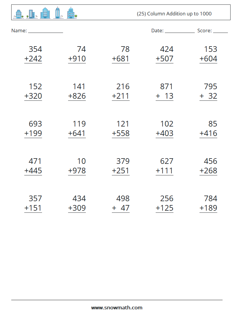 (25) Column Addition up to 1000 Math Worksheets 6