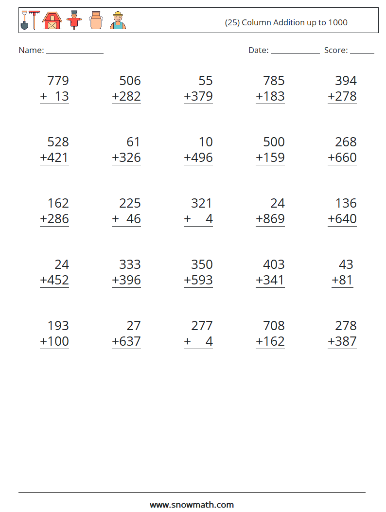 (25) Column Addition up to 1000 Math Worksheets 7