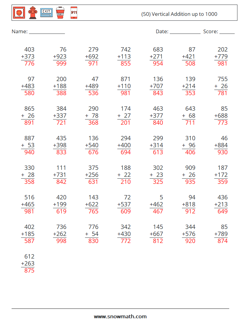 (50) Vertical Addition up to 1000 Math Worksheets 11 Question, Answer