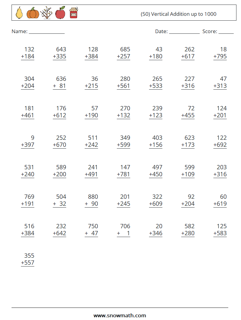 (50) Vertical Addition up to 1000 Math Worksheets 16