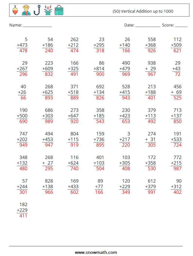 (50) Vertical Addition up to 1000 Math Worksheets 18 Question, Answer