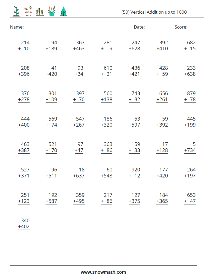 (50) Vertical Addition up to 1000 Math Worksheets 6