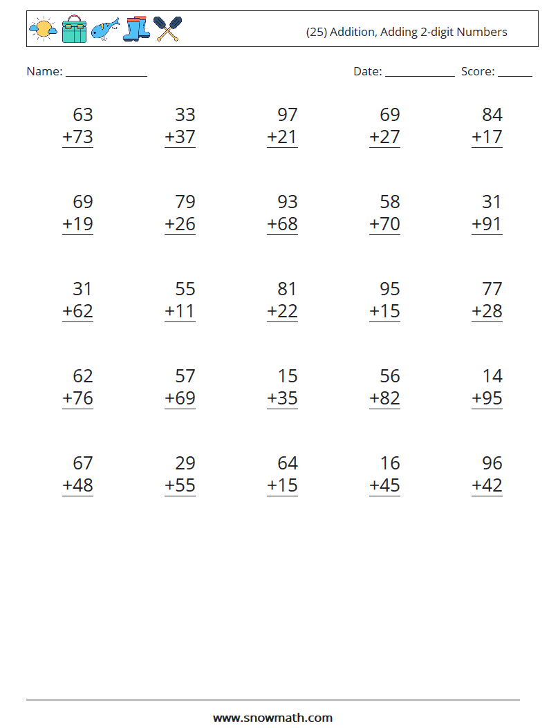 (25) Addition, Adding 2-digit Numbers Math Worksheets 1