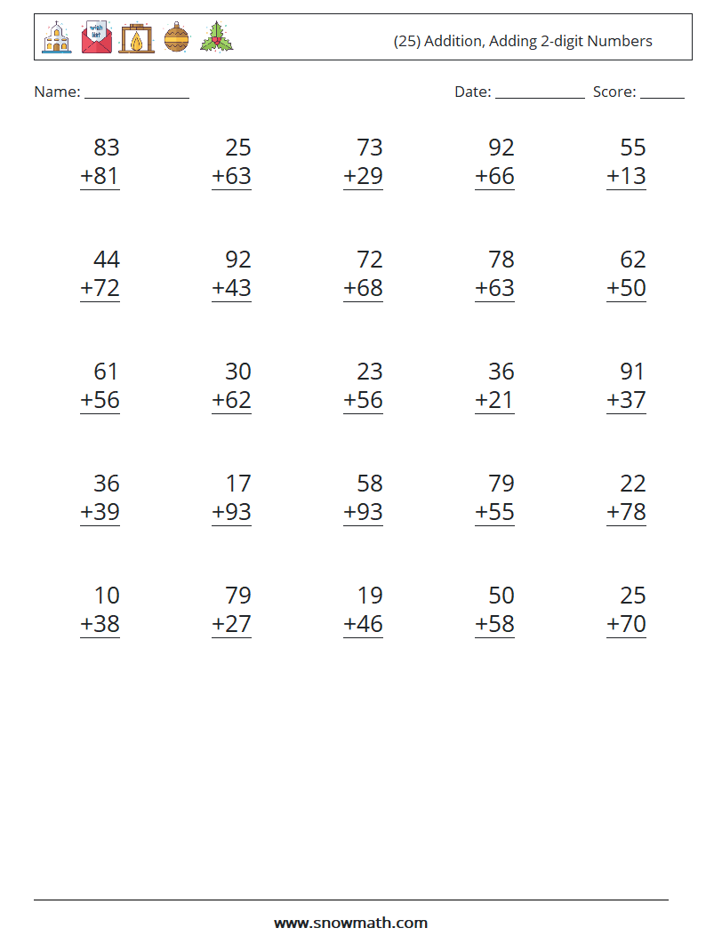 (25) Addition, Adding 2-digit Numbers Math Worksheets 17