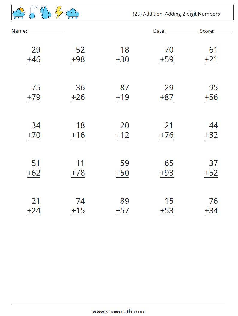 (25) Addition, Adding 2-digit Numbers Math Worksheets 3