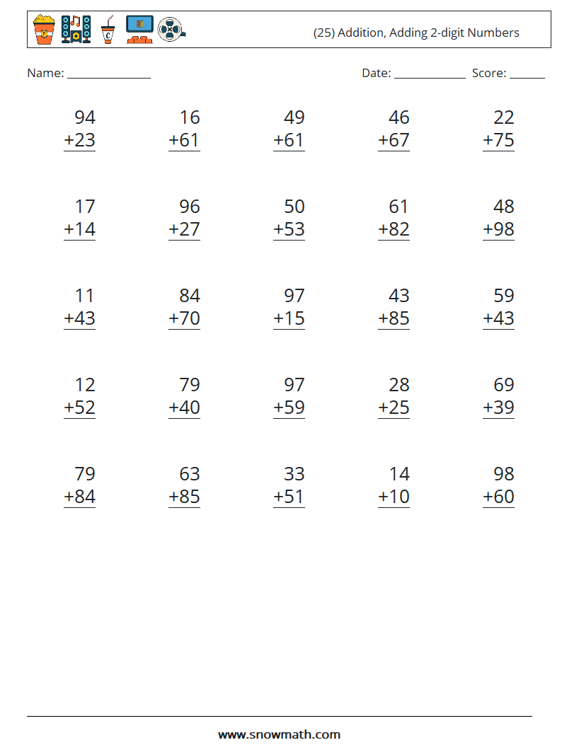 (25) Addition, Adding 2-digit Numbers Math Worksheets 4