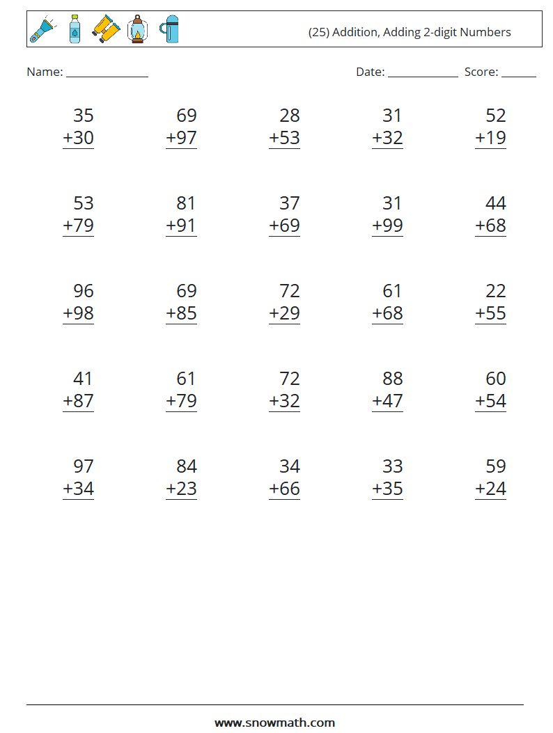 (25) Addition, Adding 2-digit Numbers Math Worksheets 6