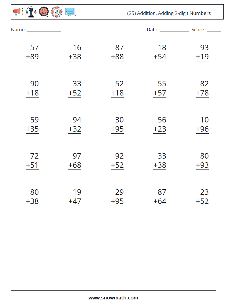 (25) Addition, Adding 2-digit Numbers Math Worksheets 8