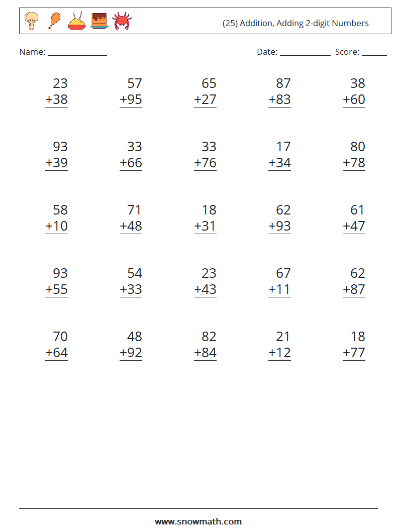 (25) Addition, Adding 2-digit Numbers Math Worksheets 9