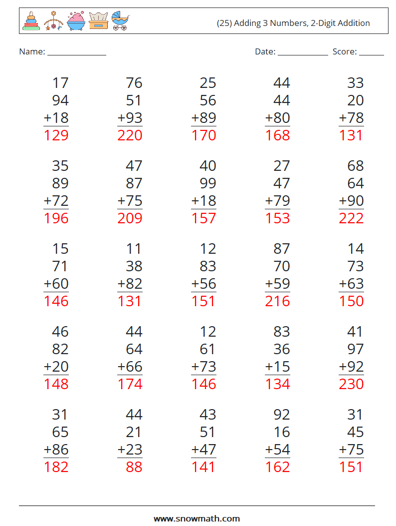 (25) Adding 3 Numbers, 2-Digit Addition Math Worksheets 13 Question, Answer