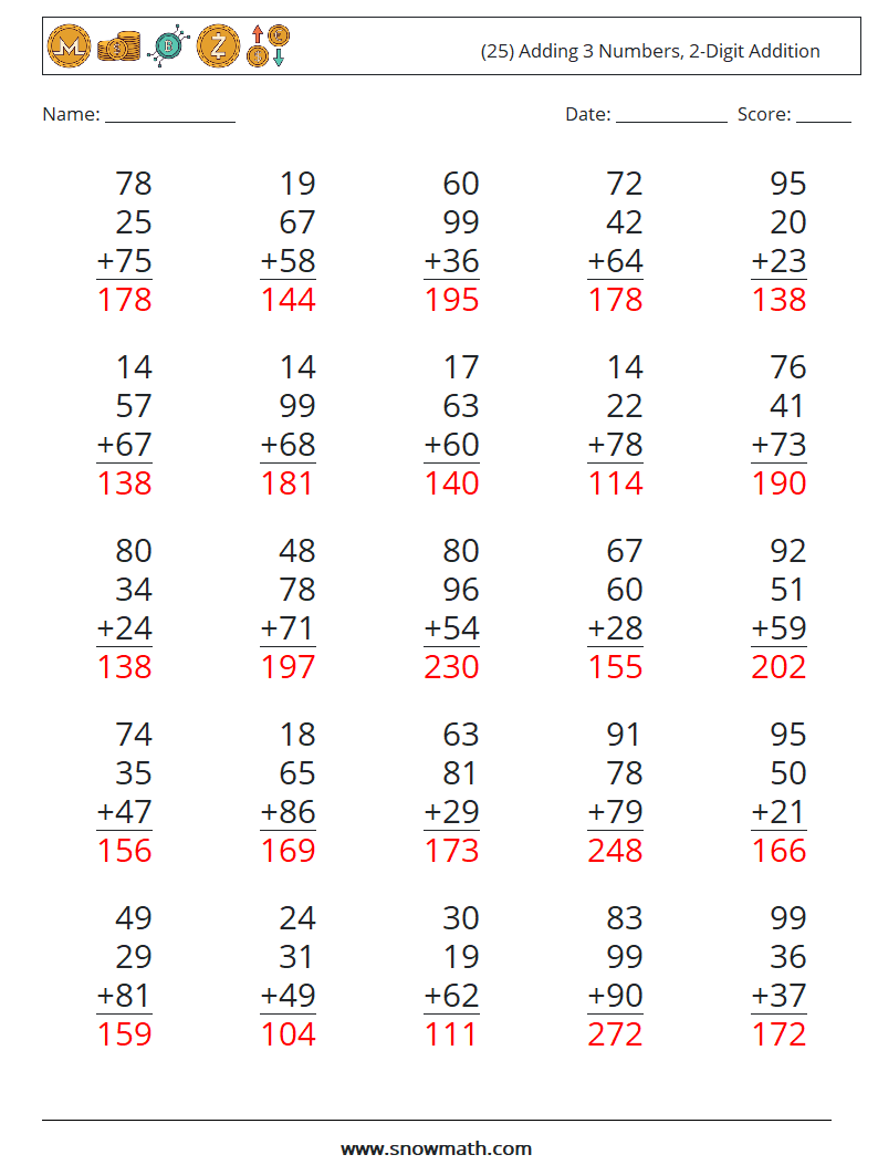 (25) Adding 3 Numbers, 2-Digit Addition Math Worksheets 14 Question, Answer