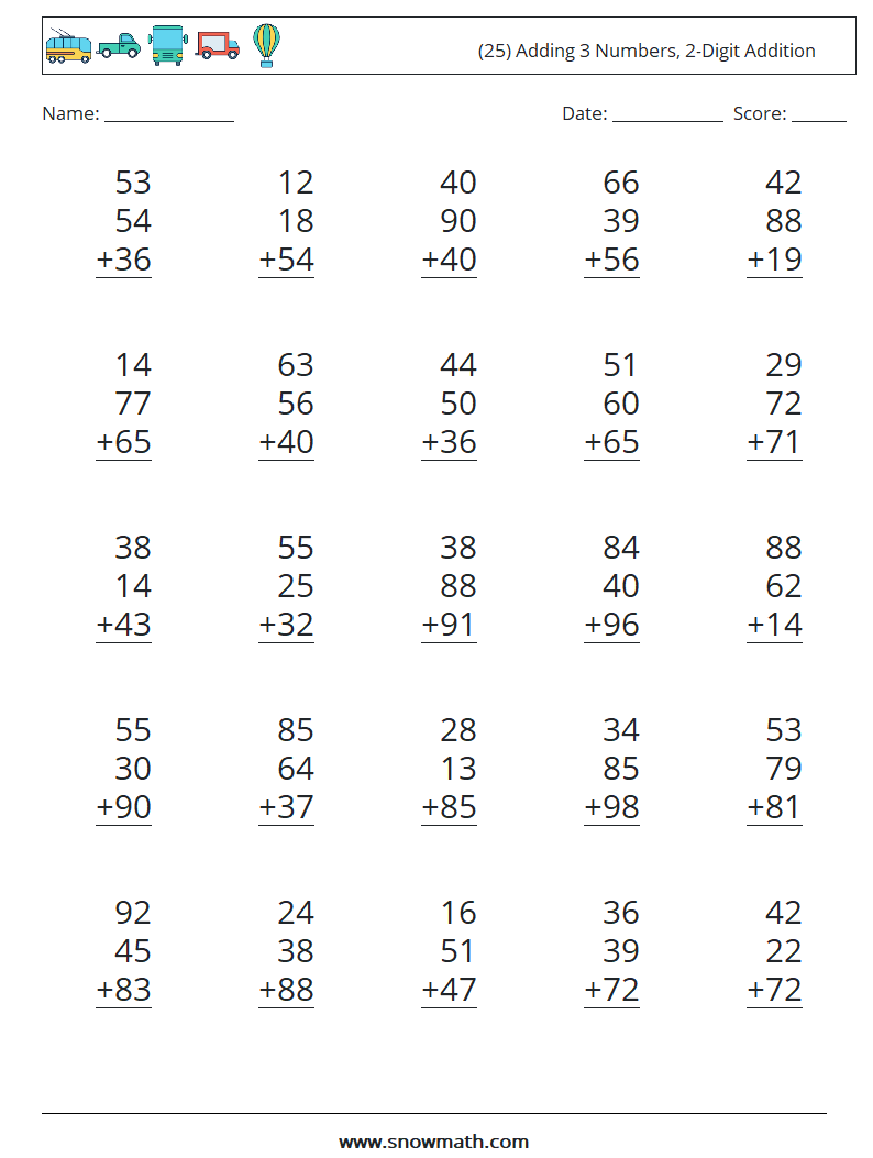 (25) Adding 3 Numbers, 2-Digit Addition Math Worksheets 15