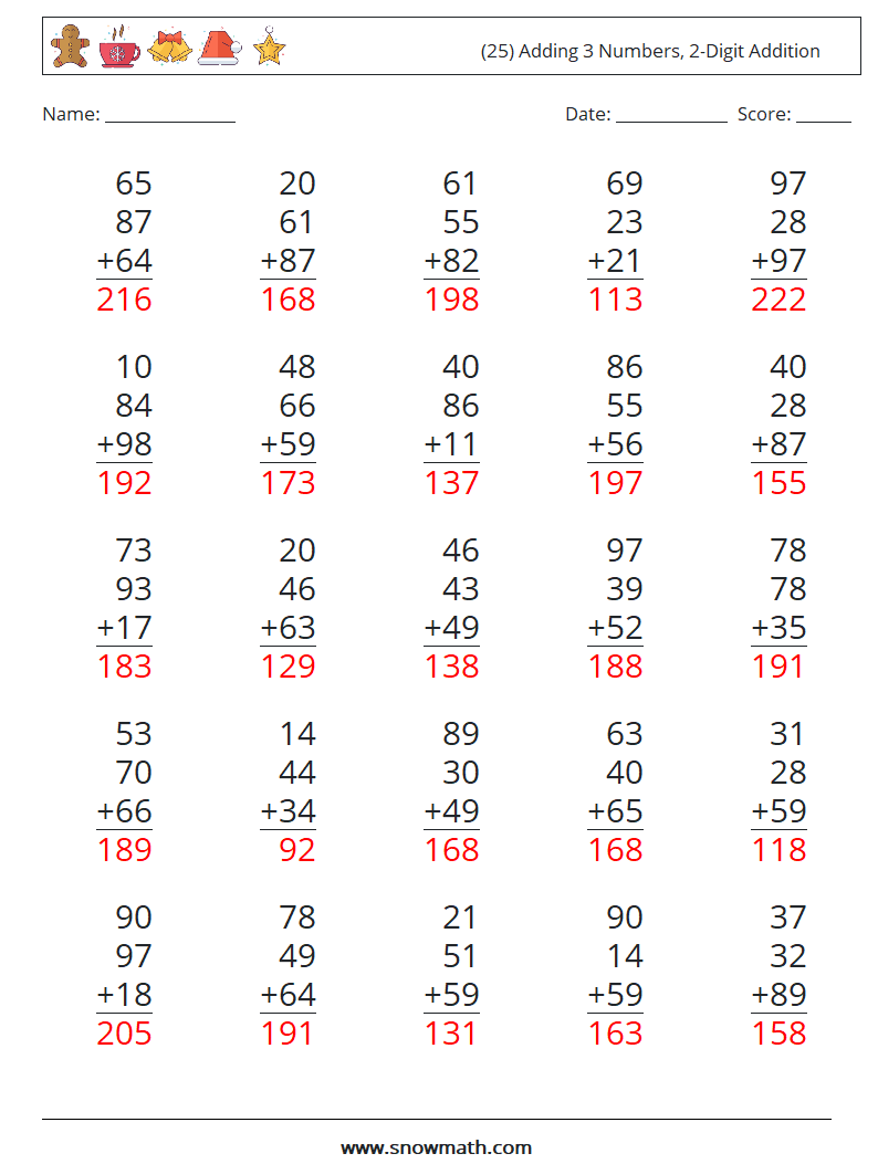 (25) Adding 3 Numbers, 2-Digit Addition Math Worksheets 16 Question, Answer