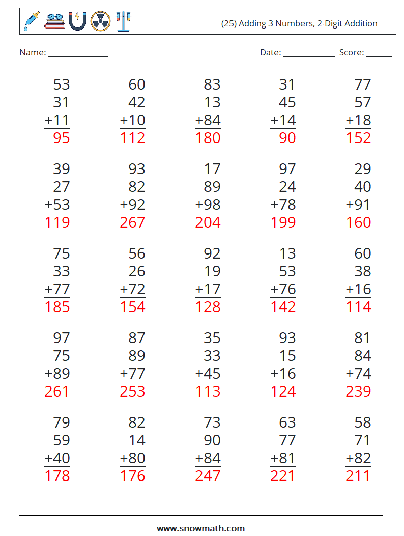 (25) Adding 3 Numbers, 2-Digit Addition Math Worksheets 17 Question, Answer