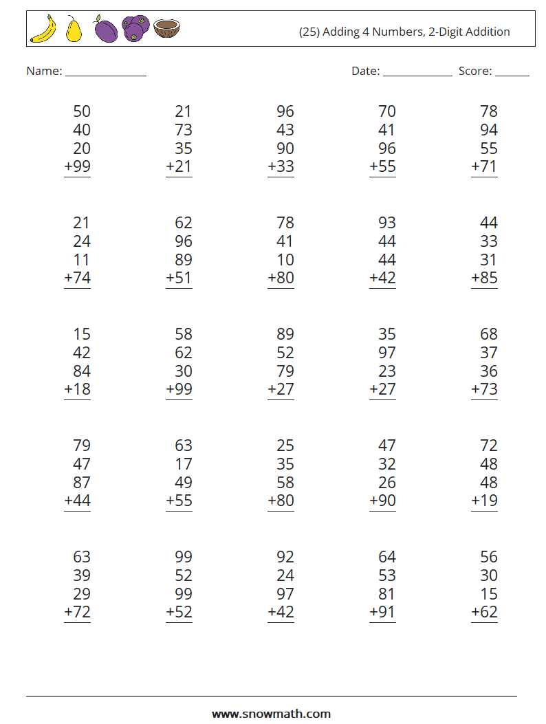 (25) Adding 4 Numbers, 2-Digit Addition Math Worksheets 10