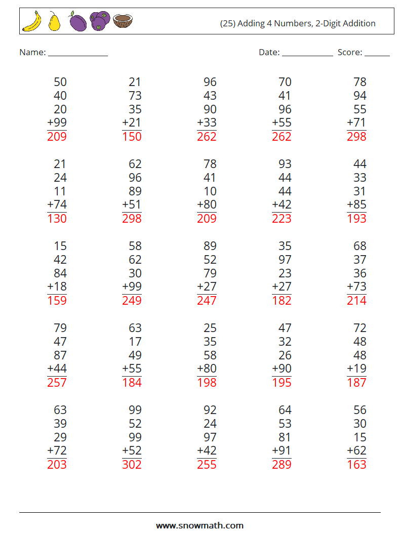 (25) Adding 4 Numbers, 2-Digit Addition Math Worksheets 10 Question, Answer