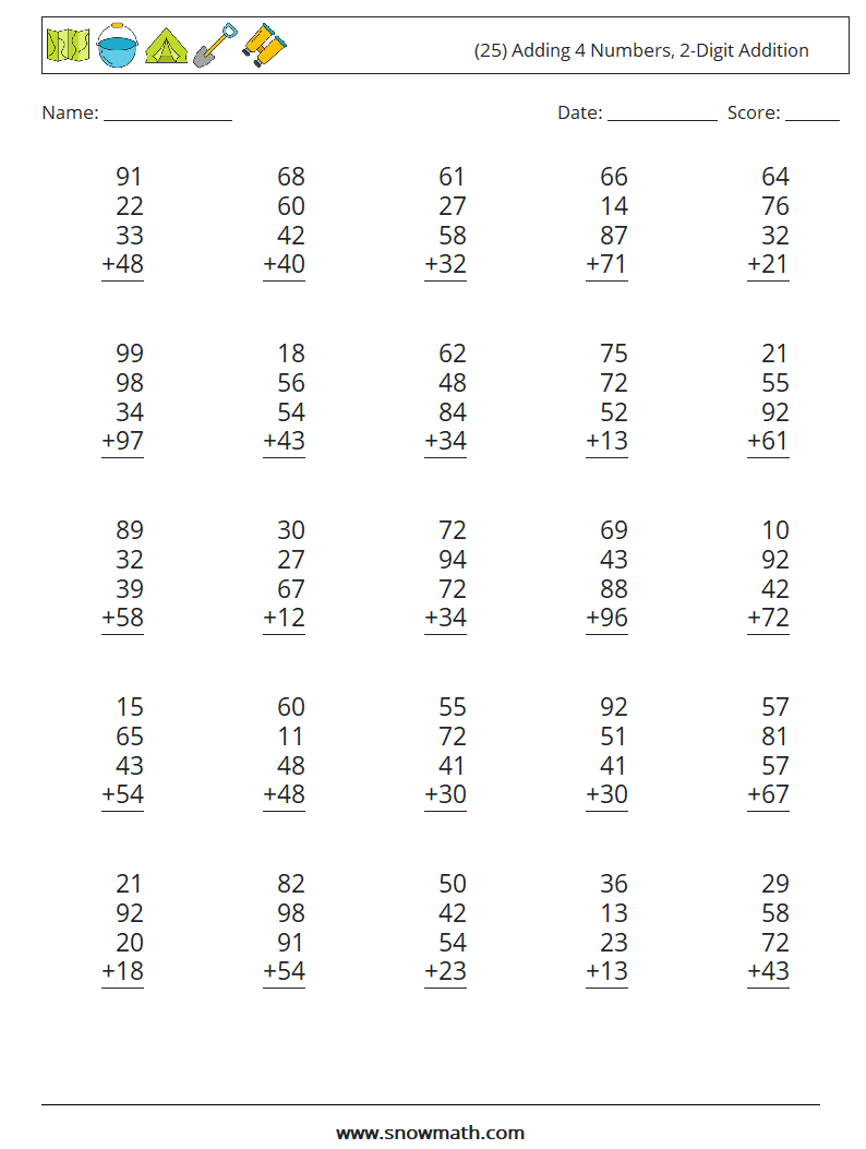 (25) Adding 4 Numbers, 2-Digit Addition Math Worksheets 13