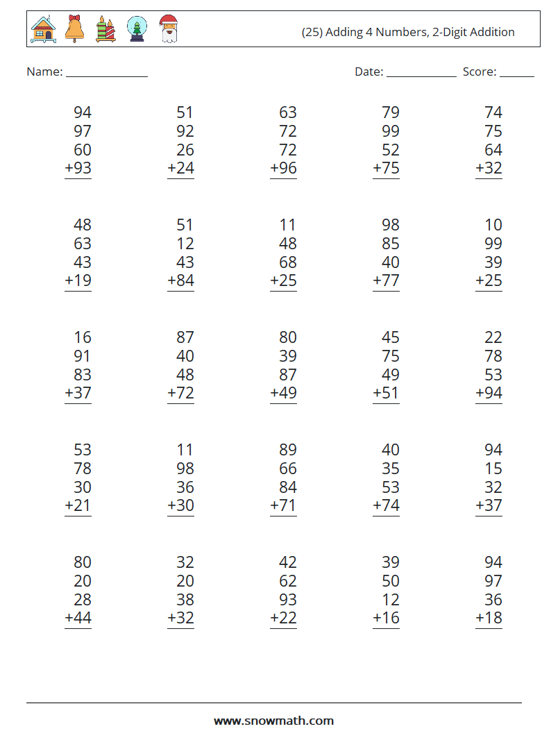 (25) Adding 4 Numbers, 2-Digit Addition Math Worksheets 14