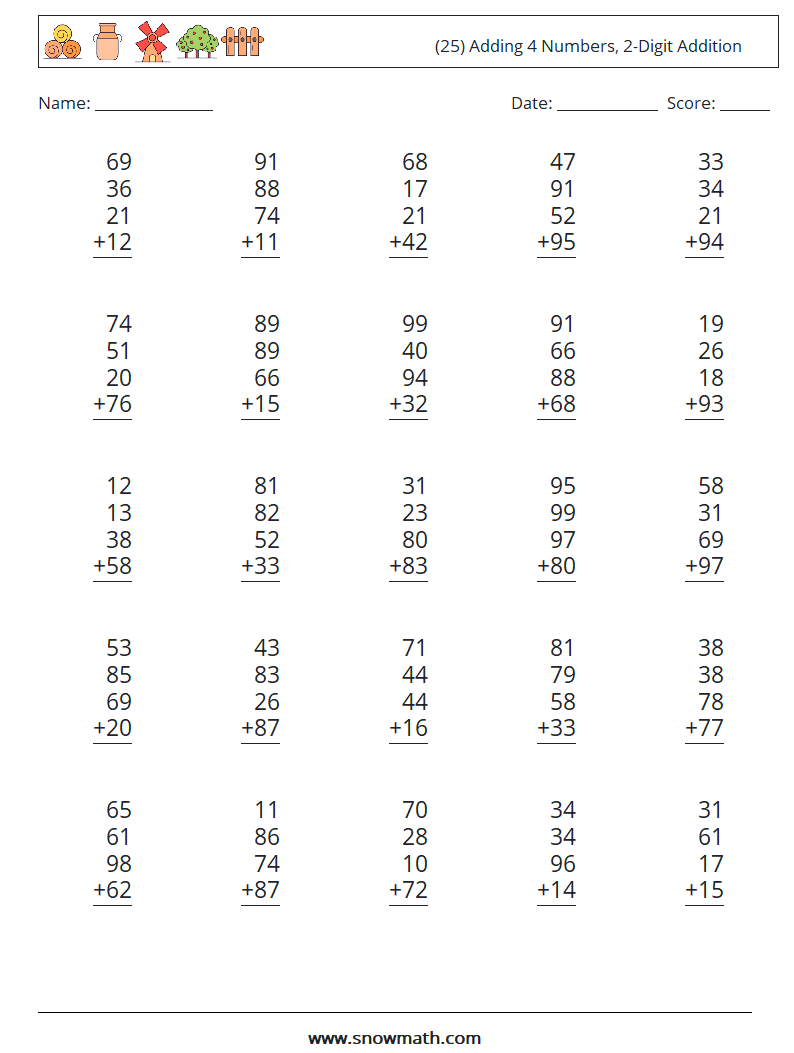 (25) Adding 4 Numbers, 2-Digit Addition Math Worksheets 15