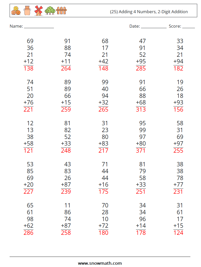 (25) Adding 4 Numbers, 2-Digit Addition Math Worksheets 15 Question, Answer