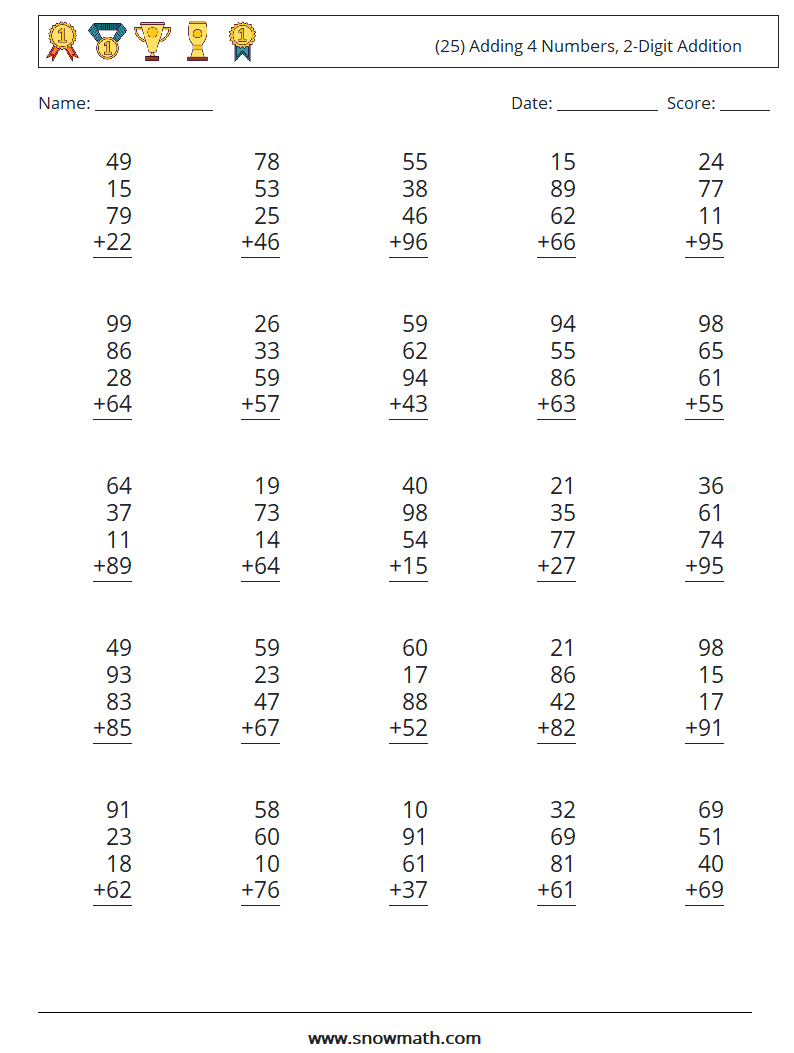 (25) Adding 4 Numbers, 2-Digit Addition Math Worksheets 16