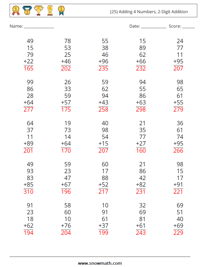 (25) Adding 4 Numbers, 2-Digit Addition Math Worksheets 16 Question, Answer