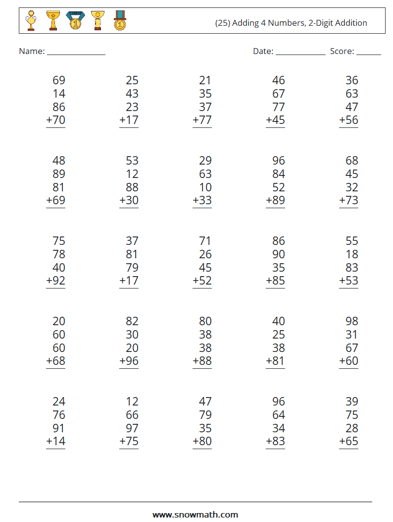 (25) Adding 4 Numbers, 2-Digit Addition Math Worksheets 17