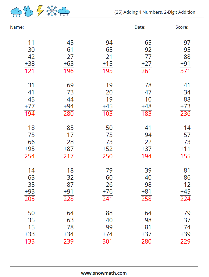 (25) Adding 4 Numbers, 2-Digit Addition Math Worksheets 18 Question, Answer