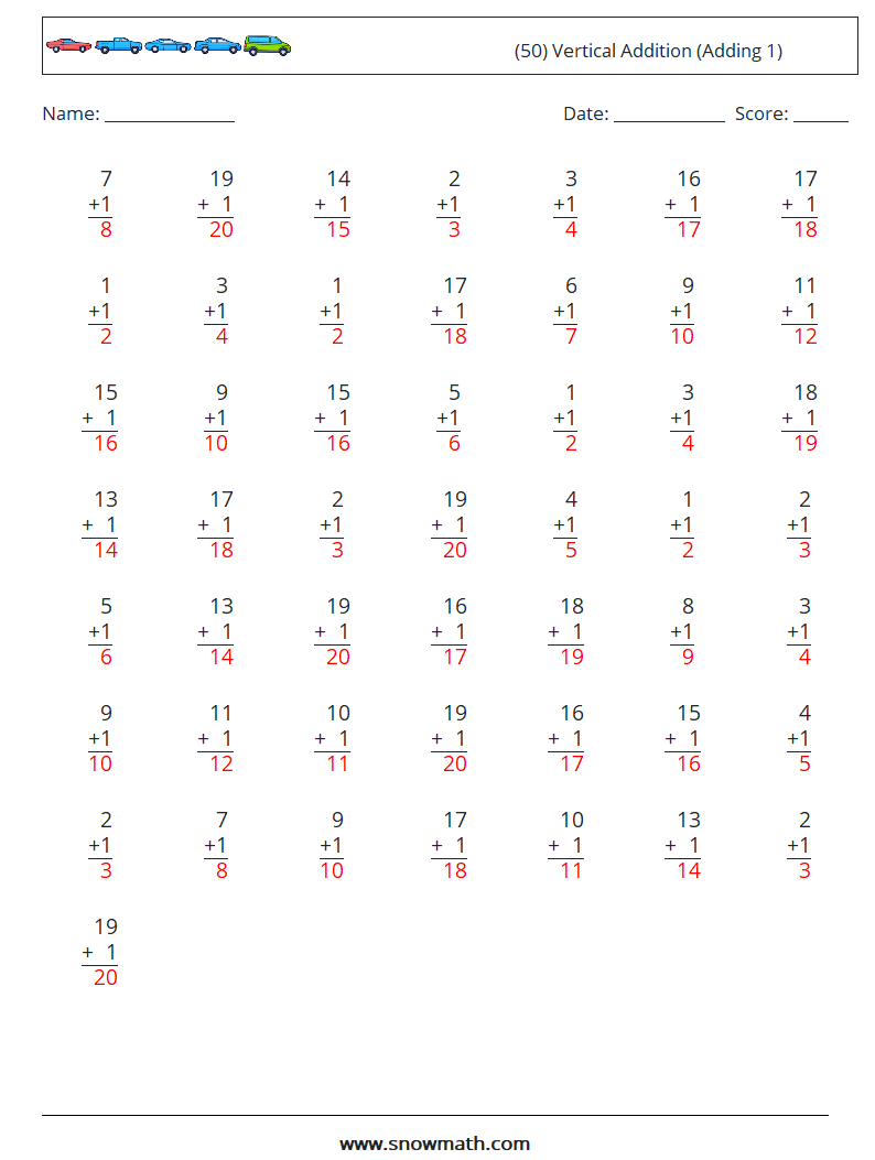 (50) Vertical  Addition (Adding 1) Math Worksheets 10 Question, Answer