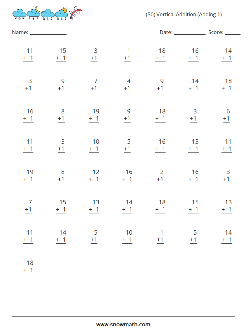 (50) Vertical  Addition (Adding 1) Math Worksheets 11