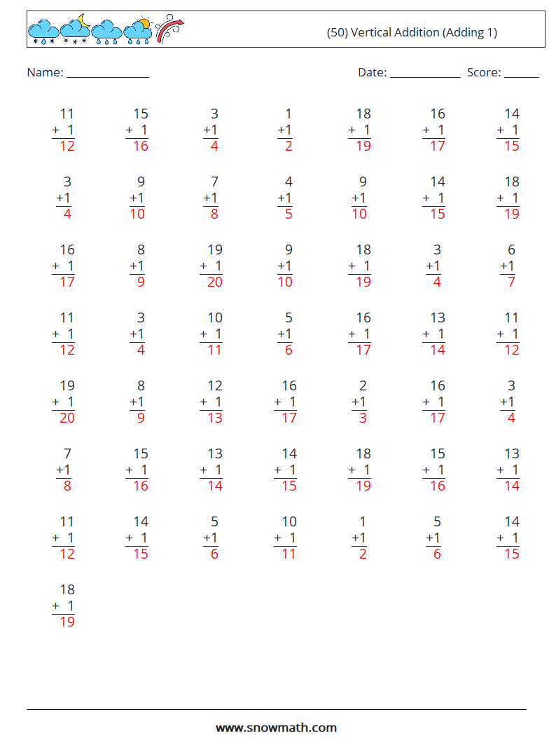 (50) Vertical  Addition (Adding 1) Math Worksheets 11 Question, Answer