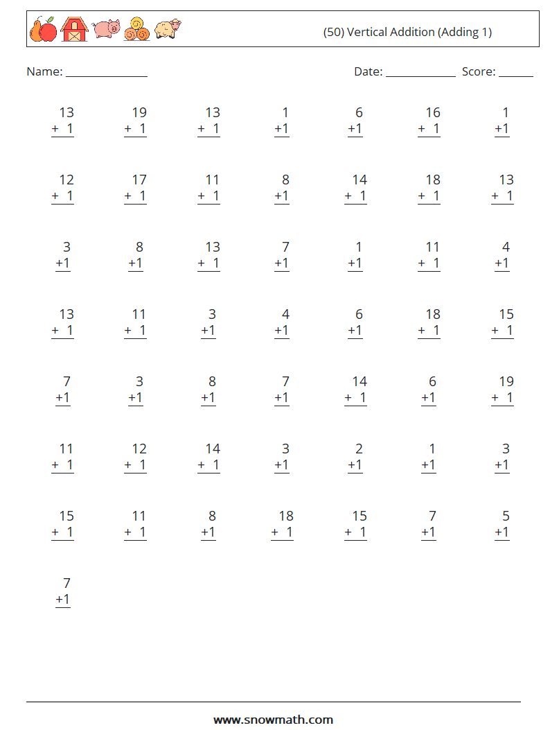 (50) Vertical  Addition (Adding 1) Math Worksheets 14