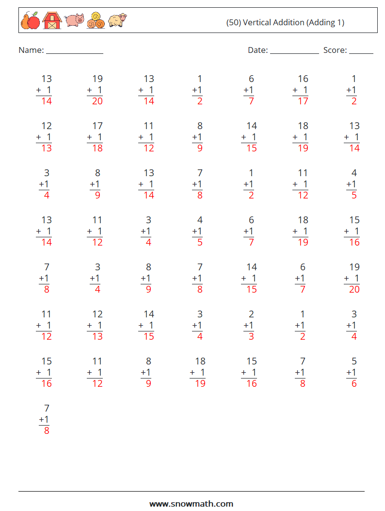 (50) Vertical  Addition (Adding 1) Math Worksheets 14 Question, Answer