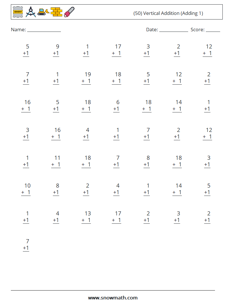 (50) Vertical  Addition (Adding 1) Math Worksheets 15