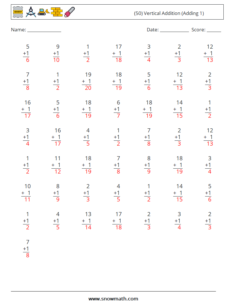 (50) Vertical  Addition (Adding 1) Math Worksheets 15 Question, Answer