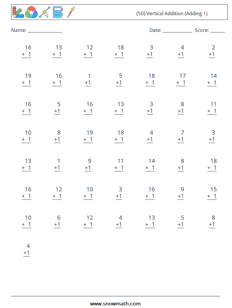 (50) Vertical  Addition (Adding 1) Math Worksheets 16