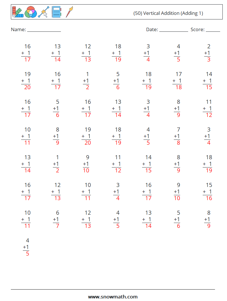 (50) Vertical  Addition (Adding 1) Math Worksheets 16 Question, Answer