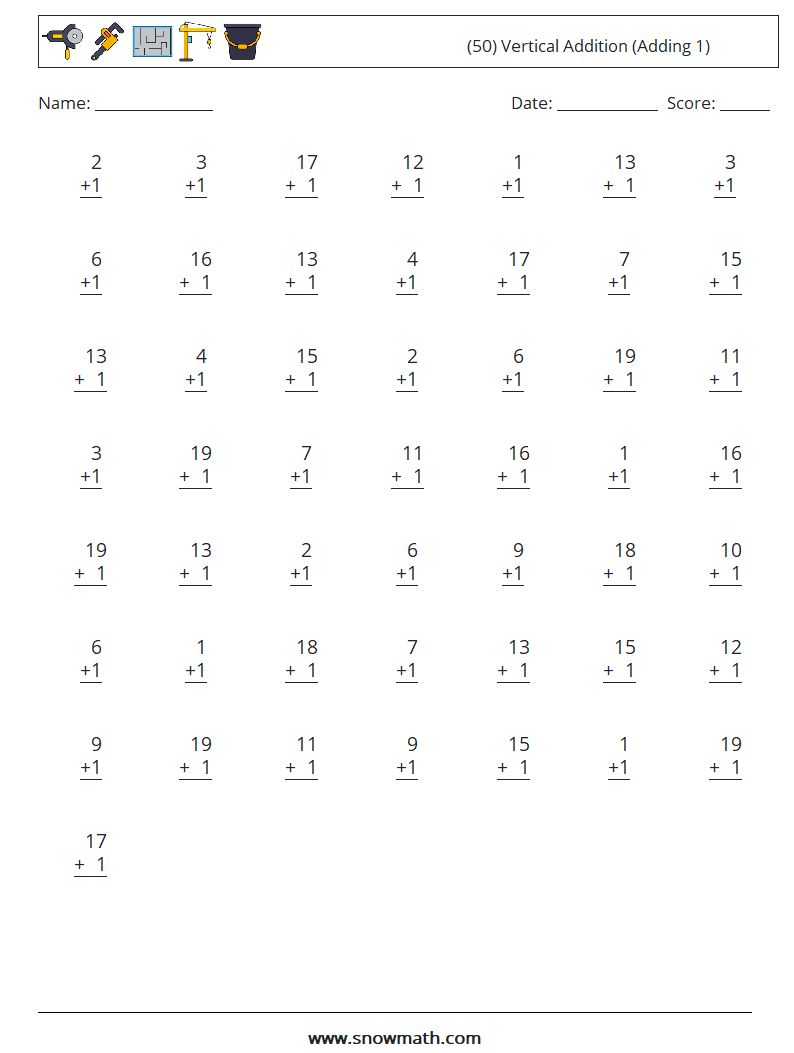 (50) Vertical  Addition (Adding 1) Math Worksheets 17