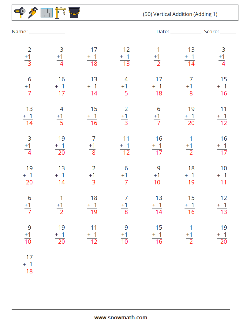 (50) Vertical  Addition (Adding 1) Math Worksheets 17 Question, Answer