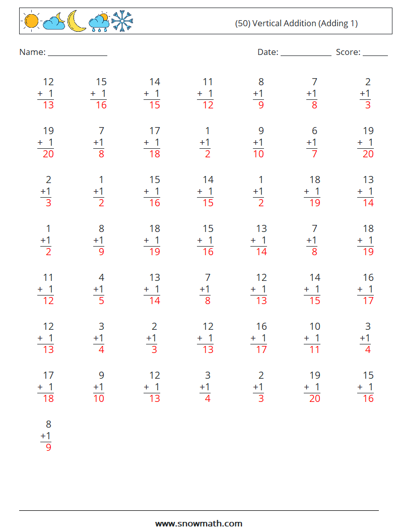 (50) Vertical  Addition (Adding 1) Math Worksheets 18 Question, Answer