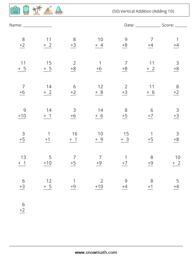 (50) Vertical  Addition (Adding 10) Math Worksheets 10