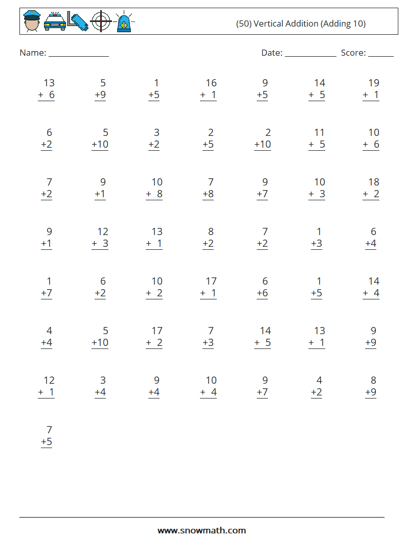 (50) Vertical  Addition (Adding 10) Math Worksheets 11