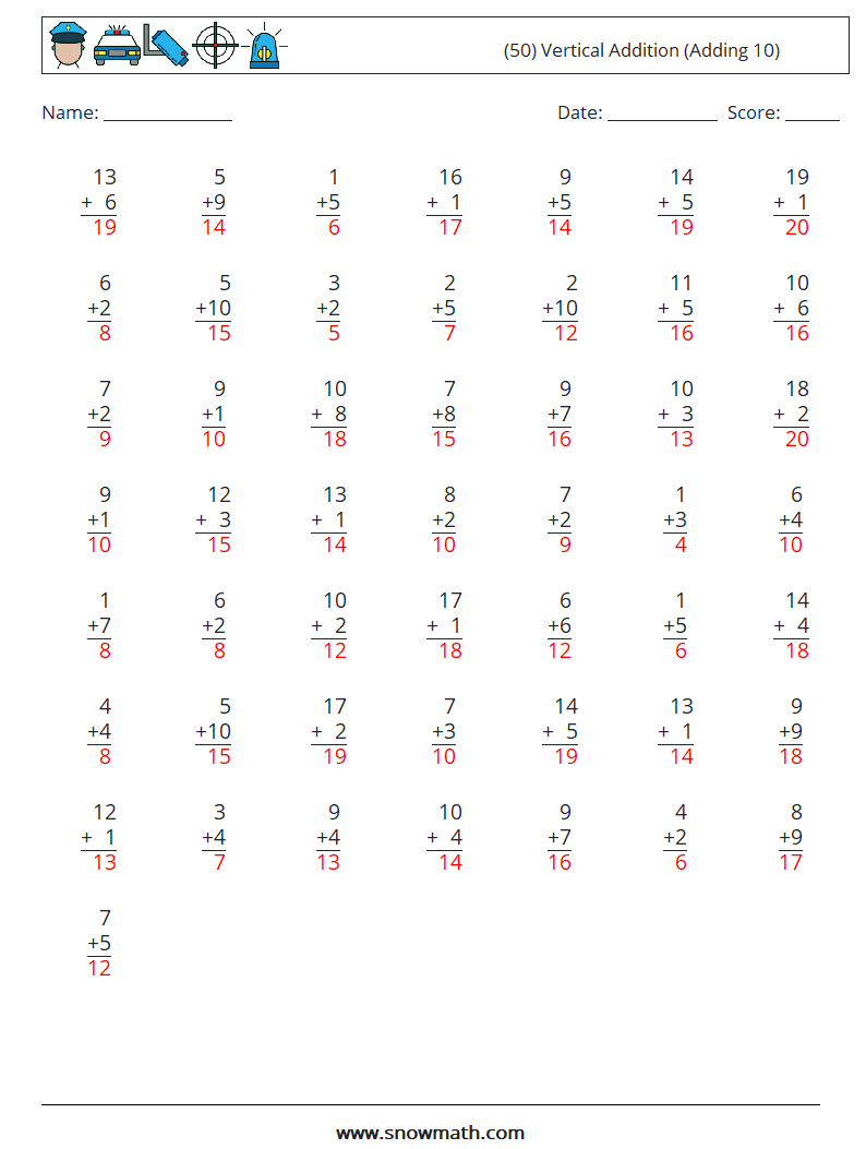 (50) Vertical  Addition (Adding 10) Math Worksheets 11 Question, Answer